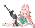  1girl :3 absurdres ahoge animal_ear_fluff animal_ears ankle_belt aqua_shirt black_shorts braid bright_pupils carrot commentary crop_top crop_top_overhang furry furry_female highres holding holding_carrot long_hair looking_at_viewer midriff navel pink_hair rabbit_ears red_eyes shirt short_shorts shorts simple_background single_off_shoulder smile solo spwnockey stomach sword thigh_strap twin_braids weapon white_background white_pupils zenless_zone_zero zhao_(zenless_zone_zero) 