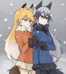  :| animal_ears arm_grab bangs black_bow black_gloves black_legwear black_neckwear black_skirt blue_coat bow brown_eyes closed_mouth commentary cowboy_shot eyebrows_visible_through_hair ezo_red_fox_(kemono_friends) fox_ears fox_tail fur-trimmed_sleeves fur_trim gloves gradient_hair grey_hair kemono_friends long_hair long_sleeves looking_to_the_side miniskirt multicolored_hair multiple_girls necktie orange_coat orange_hair orange_neckwear outdoors pantyhose pleated_skirt ree_(re-19) silver_fox_(kemono_friends) skirt snow standing tail white_bow white_skirt winter_clothes 