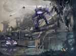  aircraft airplane arm_cannon cybertron debris decepticon fighter_jet glowing glowing_eye highres humanoid_robot insignia mecha mechanical_wings military_vehicle one-eyed purple_eyes robot science_fiction shockwave_(transformers) spikyart transformers transformers:_fall_of_cybertron transformers:_war_for_cybertron weapon wings 