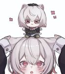  1girl :3 animal_ears arazan_(ara_arazan24) black_dress black_hat black_jacket blush cat_ears cat_girl character_doll colored_inner_hair commentary_request doll doll_on_head dress flower_symbol hat jacket long_sleeves multicolored_hair open_mouth pink_eyes pink_hair puffy_long_sleeves puffy_sleeves sayo_(voicevox) short_hair simple_background sleeve_cuffs solo upturned_eyes voicevox white_background white_hair 