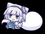  1girl :3 animal_ears black_background black_bow black_bowtie black_hairband blush bow bowtie chibi chibi_only closed_mouth collared_shirt commentary dog_ears dog_girl dog_tail dress green_dress green_eyes grey_hair hairband hashtag-only_commentary hitodama kemonomimi_mode konpaku_youmu konpaku_youmu_(ghost) pinafore_dress shirt short_sleeves silverrain simple_background sitting sleeveless sleeveless_dress solo tail touhou white_shirt 