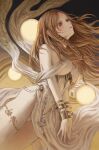  1girl absurdres blue_pupils bracelet braid braided_sidelock breasts brown_eyes brown_hair clothing_cutout commentary cowboy_shot criss-cross_halter dress dutch_angle ear_piercing from_side glowing_object gold_bracelet gold_can groin halterneck head_back highres jewelry light_blush navel nose original own_hands_together parted_lips piercing stomach_cutout thighs thong underboob untranslatable_commentary white_dress 