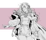  1girl aerith_gainsborough beret border breasts buttons cape commentary_request cowboy_shot detached_sleeves double-breasted dress final_fantasy final_fantasy_vii final_fantasy_vii:_ever_crisis flower fur_trim hair_flower hair_ornament halter_dress halterneck hat highres korean_commentary letterboxed lily_(flower) long_hair long_sleeves looking_at_viewer malfunc_1701 medium_breasts official_alternate_costume parted_bangs parted_lips pink_background puffy_long_sleeves puffy_sleeves short_dress sidelocks single_bare_shoulder solo standing tassel-trimmed_cape wavy_hair white_border white_hat white_sleeves 