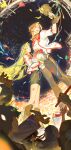  2girls absurdres blonde_hair bouquet character_request confetti copyright_request daoqian_nu flower grey_eyes highres holding holding_bouquet holding_trophy jacket long_hair looking_at_another looking_at_object medal multiple_girls night orange_flower parted_bangs people pink_flower purple_eyes red_trim shirt short_sleeves skirt sky teeth tongue trophy upper_teeth_only white_jacket 