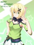  akatsuki_kirika belt blonde_hair blush breasts commentary_request dated green_background green_eyes green_shirt hair_between_eyes hair_ornament happy_birthday looking_at_viewer medium_breasts parted_lips senki_zesshou_symphogear seshiro_(which501) shiny shiny_hair shirt short_hair skirt smile solo star teeth upper_teeth v white_skirt x_hair_ornament 