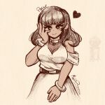  1boy 1girl :> ai-generated_art_(topic) ash_baby_(meme) basil_(faraway)_(omori) basil_(omori) blunt_bangs blush bracelet breasts brown_hair character_name cleavage closed_mouth commentary dark-skinned_female dark_skin earrings english_commentary heart highres jewelry large_breasts limited_palette looking_at_viewer marodraws medium_hair meme mole mole_under_eye omori polly_(omori) ring sketch smile sphere_earrings 