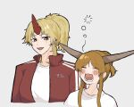  2girls alternate_costume alternate_hairstyle blonde_hair blush brown_horns commentary_request fangs gym_uniform horns hoshiguma_yuugi ibuki_suika jacket long_hair multiple_girls oni open_mouth orange_hair ponytail red_eyes red_horns red_jacket shirt short_ponytail single_horn skin_fangs sleepy smile squeans teeth tktkhappymchyru touhou track_jacket upper_teeth_only white_shirt yawning 