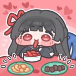  1girl black_hair black_ribbon blush_stickers chair chibi chibi_only chisa_(wuthering_waves) commentary_request eating food_request hair_ribbon long_hair looking_at_viewer monyami pink_background red_eyes ribbon sailor_collar sitting solo upper_body wuthering_waves 
