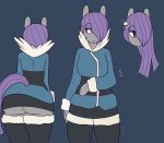  2015 anthro anthrofied blue_background breasts butt clothed clothing coat earth_pony equine female friendship_is_magic front_view fur grey_fur hair horse long_hair mammal maud_pie_(mlp) multiple_angles my_little_pony pony purple_hair rear_view red_eyes simple_background solo somescrub 