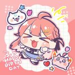  >_< 1girl 35p_(sakura_miko) :3 :d ball_hands black_bow black_bowtie black_shoes blue_skirt blunt_bangs blush_stickers bow bowtie chibi chibi_only closed_eyes commentary_request double-parted_bangs frilled_skirt frills full_body grid_background hair_ornament hairclip hands_up happy_birthday highres hololive maguchi_(sakura_miko) open_mouth outline pink_outline sakura_miko shiechyan shirt shoes skirt smile solo standing standing_on_one_leg striped_clothes striped_skirt v-shaped_eyebrows vertical-striped_clothes vertical-striped_skirt virtual_youtuber white_background white_shirt x3 xd 