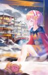  1girl architecture bare_legs closed_eyes commentary_request east_asian_architecture fire_emblem fire_emblem_fates hairband highres japanese_clothes kwz_ini monkey night onsen pink_hair river sakura_(fire_emblem) smile snow snowing solo 