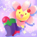  artist_name cherrim cherrim_(overcast) cherrim_(sunshine) flower highres looking_at_viewer no_humans novaswarm open_mouth pokemon pokemon_(creature) purple_background sparkle 