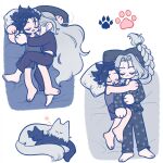  105zz 2boys animalization barefoot bed_sheet black_hair black_pajamas black_pants black_shirt braid chibi chibi_only closed_eyes commentary_request crisis_core:_final_fantasy_vii cuddling dog drooling final_fantasy final_fantasy_vii grey_hair grey_shirt grey_shorts grey_tank_top korean_commentary long_hair male_focus midriff_peek mouth_drool multiple_boys open_mouth pajamas pants parted_bangs paw_print pillow print_pajamas sephiroth shirt short_hair shorts single_braid sleeping tank_top yaoi zack_fair 