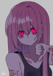  1girl aegyo_sal black_tank_top blood commentary_request cuts expressionless hair_between_eyes head_tilt highres injury krs_rip long_hair looking_at_viewer original pink_hair red_eyes scar scar_on_arm self-harm solo straight_hair tank_top thumbs_down upper_body wrist_cutting 