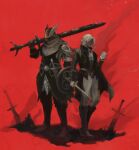  1boy 1girl arm_up armor boots breastplate brother_and_sister brushseven closed_mouth commentary_request covered_eyes dagger duchess_(elden_ring) elden_ring elden_ring_nightreign eye_mask full_body gloves greatsword greyscale_with_colored_background hand_up helmet highres holding holding_dagger holding_knife holding_shield holding_sword holding_weapon jacket knife mask pants pauldrons planted planted_sword red_background scarf shield short_hair shoulder_armor siblings standing surcoat sword weapon winged_helmet wylder_(elden_ring) 