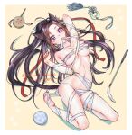  1girl ahoge animal_ears arm_up bandages bare_shoulders barefoot black_hair blush bound bound_arms bound_legs breasts cat_ears cat_girl cat_tail cat_teaser chest_sarashi cleavage collarbone commentary_request covered_nipples eyelashes forehead full_body genderswap genderswap_(mtf) groin hair_ribbon hair_spread_out high_ponytail jewelry kemonomimi_mode large_breasts long_hair looking_at_viewer lying miu_vocalo modao_zushi mouth_hold naked_bandage naked_ribbon navel nude on_back parted_bangs ponytail purple_eyes rattle_drum red_ribbon restrained ribbon ribbon_bondage ribbon_in_mouth sarashi sidelocks solo stomach tail tassel twitter_username very_long_hair wei_wuxian white_ribbon yarn yarn_ball yellow_background 