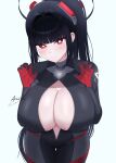  1girl absurdres arina0x0 black_hair blue_archive blunt_bangs blush bodysuit breasts cleavage commentary english_commentary halo headgear highres large_breasts long_hair looking_at_viewer navel official_alternate_costume official_alternate_hairstyle ponytail red_eyes rio_(armed)_(blue_archive) rio_(blue_archive) simple_background solo white_background 