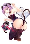  1girl animal_ears annoyed ass bare_shoulders blush book breasts cat_ears cat_tail fake_animal_ears fangs fate/grand_order fate_(series) from_behind hairband helena_blavatsky_(fate/grand_order) itohime leotard looking_at_viewer medium_breasts open_mouth paw_pose purple_eyes purple_hair shiny shiny_hair shiny_skin short_dress short_hair solo sweat tail thighhighs 