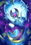  commentary crossover english_commentary full_moon gen_7_pokemon headphones lunala moon napstablook pokeball_symbol pokemon pokemon_(creature) sa-dui signature space_print spread_wings starry_sky_print undertale 