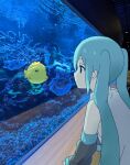  1girl aqua_hair aquarium auhuheben17 bare_shoulders black_eyes commentary coral detached_sleeves expressionless fish fish_tank from_side hatsune_miku highres indoors looking_at_animal photo_background profile solo twintails vocaloid 