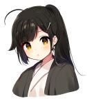  :o ahoge bad_id bad_pixiv_id bangs black_hair blush brown_eyes cropped_torso eyebrows_visible_through_hair hair_ornament hairclip high_ponytail highres japanese_clothes kimono long_hair mafuyu_(chibi21) original parted_lips sidelocks simple_background solo white_background white_kimono 