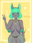  2018 akara anthro anubian_jackal big_breasts big_thighs bracelet breasts canine chain chloe clothed clothing collar digital_media_(artwork) ear_piercing female hair headband hi_res huge_breasts inverted_nipples jackal jewelry looking_at_viewer mammal nipples presenting puffy_nipples pussy ring short_hair skimpy smile solo standing v_sign voluptuous wide_hips 