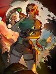  2girls amanda_evert aqua_shirt bare_shoulders black_gloves black_shirt blonde_hair bob_cut braid breasts brown_hair brown_shorts chest_harness closed_mouth commentary cow dinosaur english_commentary fingerless_gloves glasses gloves gun hair_tie handgun harness highres holding holding_gun holding_weapon holster lara_croft long_hair medium_breasts multiple_girls nail_polish outdoors parted_bangs procreate_(medium) procreate_(software) red_nails round_eyewear shirt shorts single_braid sleeveless sleeveless_shirt standing sunglasses sunset thigh_holster tholia_bentz tomb_raider tyrannosaurus_rex weapon 
