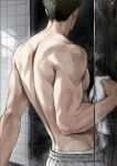  1boy arm_support back back_focus biceps from_behind green_hair grey_pants haikyuu!! holding holding_towel male_focus male_underwear male_underwear_peek median_furrow muscular muscular_male pants pectorals short_hair sidepec sil_baswaste solo sweat sweatpants tile_wall tiles topless_male towel underwear upper_body ushijima_wakatoshi 