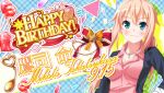 1girl bad_id balloon bilingual_text black_jacket blonde_hair blue_eyes bow breasts character_name cleavage closed_mouth collarbone confetti double-parted_bangs english_text flower game_cg gem hand_on_own_hip happy_birthday heart_balloon idol_wars jacket jewelry large_breasts long_hair long_sleeves mixed-language_text necklace official_art orange_flower orange_rose pink_shirt plaid_background red_bow red_ribbon ribbon rose second-party_source shirt smile solo star_(symbol) string_of_flags striped_bow takatsukasa_mikoto unworn_bow upper_body yellow_gem 