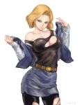  android_18 bare_shoulders belt black_legwear black_shirt blonde_hair blue_eyes commentary_request denim denim_skirt dragon_ball dragon_ball_z earrings jewelry long_sleeves pantyhose shirt short_hair shu-mai skirt smile solo torn_clothes torn_legwear vest white_background 