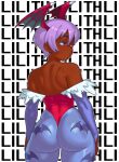  1girl alternate_skin_color animal_print ass back backless_leotard bare_shoulders bat_print bat_wings blue_pantyhose body_freckles bridal_gauntlets champchidi character_name commentary dark-skinned_female dark_skin darkened_skin darkstalkers demon_girl english_commentary freckles from_behind hair_between_eyes head_wings highres huge_ass leotard lilith_(darkstalkers) lips looking_back median_furrow o3o pantyhose print_pantyhose puckered_lips purple_hair pursed_lips red_eyes red_leotard red_wings short_hair shoulder_blades solo standing thick_thighs thighs thong_leotard very_dark_skin wings 