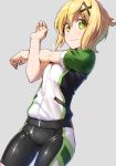  akatsuki_kirika bike_shorts blonde_hair breasts chikugen_shiina commentary_request cowboy_shot dutch_angle eyebrows_visible_through_hair green_eyes grey_background hair_ornament jacket lips looking_at_viewer senki_zesshou_symphogear shiny shiny_clothes shiny_hair shiny_skin short_hair short_sleeves simple_background small_breasts smile solo standing stretch track_jacket x_hair_ornament 