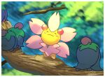  blush border cherrim cherrim_(overcast) cherrim_(sunshine) closed_eyes commentary day english_commentary ewna-art forest nature no_humans on_branch outdoors outside_border pokemon pokemon_(creature) signature smile tree white_border 