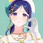  1girl :t aqua_background aqua_hat artist_name closed_mouth collarbone commentary_request earrings gimtaro gloves hair_behind_ear hair_ornament half-heart_hands hat jewelry looking_at_viewer love_live! love_live!_sunshine!! matsuura_kanan portrait pout purple_eyes purple_hair simple_background single_earring solo straight-on tareme triangle_hair_ornament triangle_necklace twitter_username white_gloves 