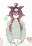  animal_ears bathroom blue_eyes blush brown_hair commentary cup epiphaneia_(umamusume) grey_sweater hair_between_eyes hair_tuft hi_(ibisf5umauma) highres holding holding_toothbrush horse_ears horse_girl long_hair long_sleeves multicolored_hair parted_lips sink solo streaked_hair sweatdrop sweater toothbrush toothpaste umamusume water 