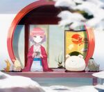  1girl alternate_costume architecture commentary_request dog east_asian_architecture fire_emblem fire_emblem_fates hairband highres japanese_clothes kimono kwz_ini looking_at_another outdoors pink_eyes pink_hair rabbit sakura_(fire_emblem) smile solo white_hairband 