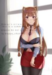  1girl alternate_costume animal_ear_fluff animal_ears artist_name black_pantyhose black_shorts blunt_bangs blunt_ends blush breasts brown_hair chest_tattoo cleavage closed_mouth clothing_cutout collarbone commentary cowboy_shot double-parted_bangs hand_on_own_arm highres huge_breasts indoors instagram_username layered_shirt long_hair low_neckline mappy_chan940 metal_hair_tubes miniskirt missing_tail mixed-language_commentary navel_cutout open_clothes open_shirt pantyhose pencil_skirt raccoon_ears raccoon_girl raphtalia red_eyes red_skirt shirt shorts side_slit skirt slave_brand smile solo standing tate_no_yuusha_no_nariagari tattoo variant_set watermark white_shirt window 