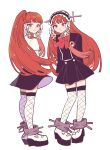  2girls alternate_costume black_skirt blunt_ends bow bowtie chimney_(chimney0311) closed_mouth commentary dual_persona fishnet_thighhighs fishnets gekkoukan_high_school_uniform high_ponytail highres long_hair looking_at_viewer multiple_girls persona persona_3 ponytail red_bow red_bowtie red_hair school_uniform simple_background skirt smile standing thighhighs white_background yellow_eyes yoshino_chidori 