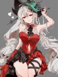  1girl aqua_hat arknights arm_up armpits ascot bare_shoulders black_ascot black_ribbon black_sash breasts clothing_cutout commentary_request dress grey_background grey_hair hair_between_eyes hand_in_own_hair hat head_tilt heart highres leg_ribbon long_hair looking_at_viewer low-tied_long_hair medium_breasts navel navel_cutout official_alternate_costume parted_lips red_dress red_eyes ribbon sash seiza simple_background sitting skadi_(arknights) skadi_the_corrupting_heart_(arknights) sleeveless sleeveless_dress solo thighs very_long_hair white_hair wiwi_art_apple 