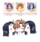  3others ^_^ arionus_(shining_nikki) black_hair bug butterfly butterfly_on_head circlet clone closed_eyes closed_mouth colored_inner_hair commentary english_commentary forehead game_screenshot_inset hand_on_own_chin happy hephaes_(shining_nikki) highres horns kiss kissing_cheek light_blush liquid_horns medium_hair multicolored_hair multiple_others nikki_(series) nonoberry22 orange_hair other_sandwich parted_bangs sandwiched screenshot_inset shining_nikki simple_background single_horn smile straight_hair water wavy_hair white_background yellow_butterfly 