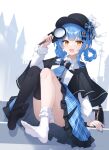  1girl :d absurdres asymmetrical_legwear black_bow black_capelet black_hat black_thighhighs blue_hair blue_necktie blue_skirt bow capelet collared_shirt commentary_request feet frilled_socks frills grey_vest hair_bow hair_rings hat highres holding holding_magnifying_glass lyrae magnifying_glass mahou_shoujo_no_majo_saiban mismatched_legwear necktie no_shoes open_mouth orange_eyes panties plaid_clothes plaid_skirt shirt short_hair single_sock single_thighhigh skirt smile socks soles tachibana_sherry thighhighs toes underwear vest white_panties white_shirt white_socks 