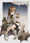  2017 baiguiyu bike_shorts black_eyes boots brown_hair closed_mouth coat commentary english eyebrows_visible_through_hair final_fantasy final_fantasy_xiv hands_up happy_new_year highres holding lalafell looking_at_viewer monocle new_year pointy_ears sitting snow snowing solo steampunk vial white_footwear 