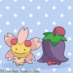  artist_name blue_background cherrim cherrim_(overcast) cherrim_(sunshine) ditto looking_at_viewer madame_quin no_humans pokemon pokemon_(creature) polka_dot polka_dot_background smile transformed_ditto tumblr_username two-tone_background web_address white_background 