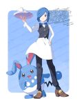  1boy apron azumarill black_pants black_socks blue_eyes blue_hair bow bowtie brown_shoes collared_shirt cress_(pokemon) cup hand_on_own_hip highres holding holding_tray pants parted_lips pokemon pokemon_(creature) pokemon_bw serizawa_serizane shirt shoes sleeve_cuffs socks teacup teapot traditional_bowtie tray vest waist_apron waiter white_apron white_shirt 