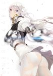  armor ass belt blue_eyes blurry blurry_foreground boobplate breastplate copyright_request cowboy_shot depth_of_field dress english eyebrows_visible_through_hair floating_hair from_behind glint hair_between_eyes highres holding holding_sword holding_weapon juliet_sleeves left-handed long_hair long_sleeves looking_at_viewer looking_back pantyhose parted_lips puffy_sleeves rapier short_dress solo standing sword torn_clothes torn_legwear weapon white_dress white_hair white_legwear yang-do 