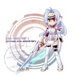  1girl android anniversary blue_hair character_name closed_mouth commentary_request dated floating_hair forehead_protector full_body holding holding_sword holding_weapon kos-mos long_hair red_eyes red_pupils signature solo standing sword toritorimesi watermark weapon white_background xenosaga xenosaga_episode_i 