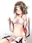  bare_shoulders blush breasts brown_eyes brown_hair cleavage commentary_request green_headband hair_intakes half_updo headband jintsuu_(kantai_collection) kantai_collection koruri long_hair medium_breasts midriff navel remodel_(kantai_collection) sarashi sitting skirt solo undressing 