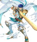  1boy armor blue_eyes blue_hair blue_headband cape clenched_teeth closed_mouth damaged feathers fingerless_gloves fire_emblem fire_emblem:_radiant_dawn fire_emblem_heroes gloves headband highres holding holding_sword holding_weapon ike_(fire_emblem) ike_(vanguard_legend)_(resplendent)_(fire_emblem) kuroba.k looking_at_viewer male_focus muscular muscular_male non-web_source official_alternate_costume pants popped_collar ragnell scarf solo sword teeth torn_cape torn_clothes v-shaped_eyebrows weapon white_cape white_gloves white_pants white_scarf 