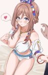  1boy 1girl absurdres arm_garter bikini blue_eyes blush breasts brown_hair commentary_request flashing gakuen_idolmaster hair_between_eyes heart highres himesaki_rinami idolmaster jewelry kimi_to_semi_blue_(idolmaster) large_breasts long_hair necklace nipples official_alternate_costume one_breast_out out_of_frame rig_(zgrp5778) sitting solo spoken_heart sweat swimsuit thighs white_bikini 