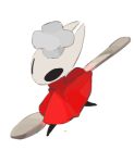  1girl black_eyes chef_hat cloak commentary full_body hat highres hightguy holding holding_spoon hollow_knight hollow_knight:_silksong hornet_(hollow_knight) horns oversized_object red_cloak solo spoon white_background white_hat 